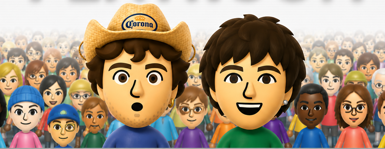 Two Mii characters in front of a crowd
