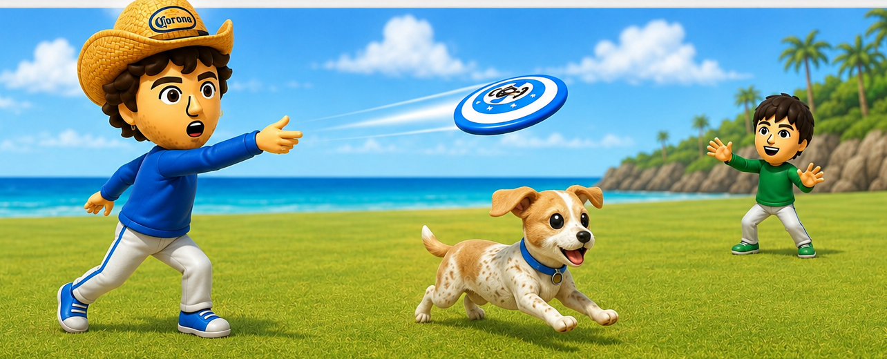 Mii playing frisbee with a dog on a beach
