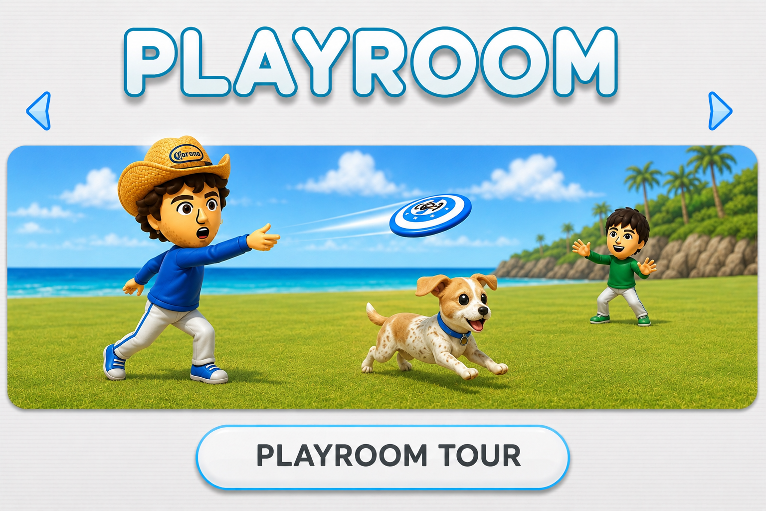 Playroom Tour — Mii playing frisbee with a dog on a beach